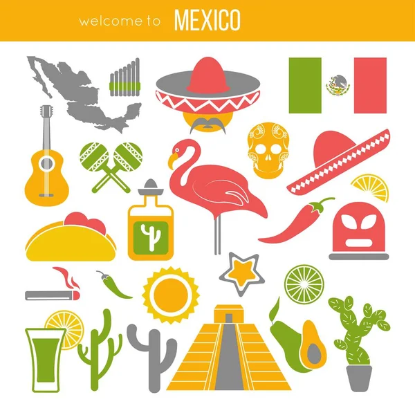 Conjunto Símbolos Viaje México Ilustraciones Vectores Planos Mexicanos Colección Iconos — Vector de stock