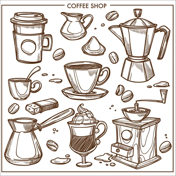 Coffee shop equipment tools sketch icons. Vector coffee maker or Turkish cezve, steam cappuccino glass and hot chocolate, coffee bean grinder and americano brewing pot, coffeehouse candy and cookie