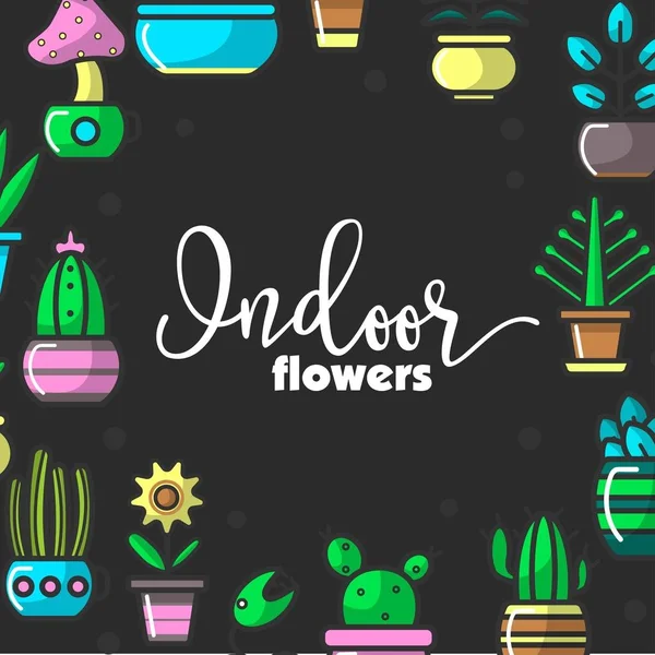 Indoor flowers and house floral plants or home garden poster for decorative gardening. Vector line icons of exotic succulent cactus, petunia or gardenia blossom and rose or tulip for indoor planting