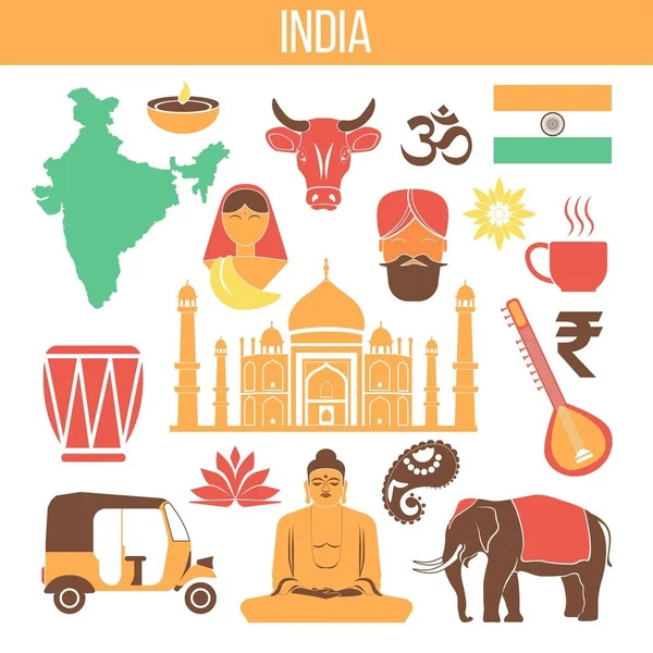 Índia Viajar Marcos Famosos Símbolos Cultura Turística Bandeira Indiana Templo — Vetor de Stock