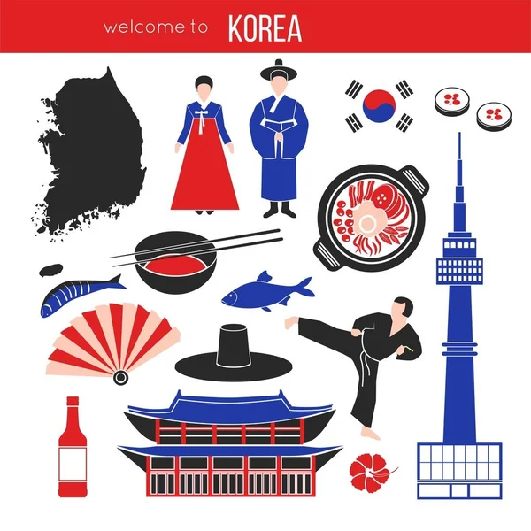 Korejský Zvyky Zajímavosti Tradiční Oděv Autentické Budovy Mořské Plody Státní — Stockový vektor