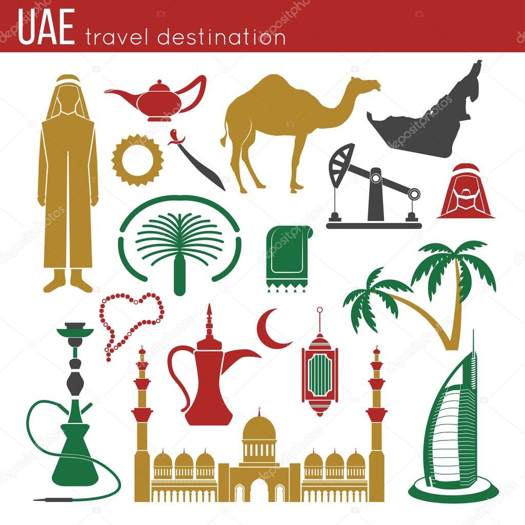 UAE travel concept map and culture symbols set