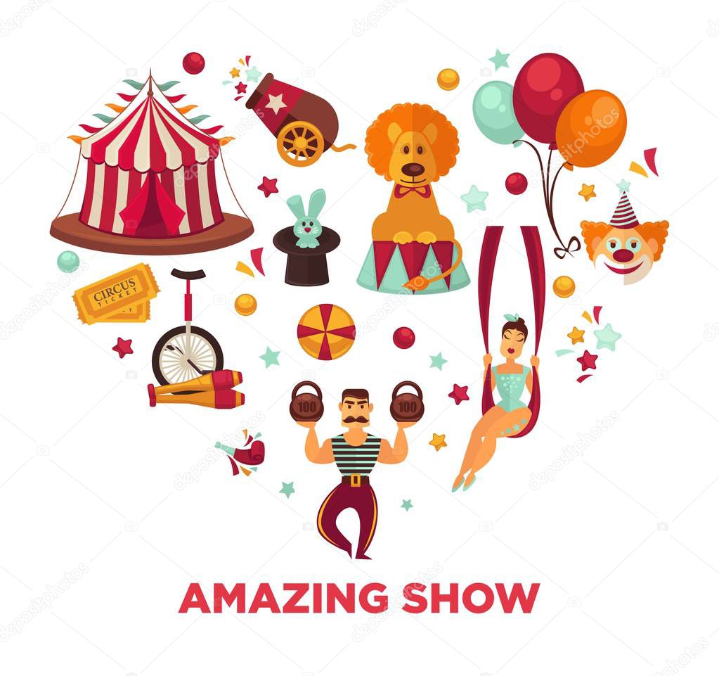 Amazing show at famous great circus promo poster. Traditional big striped tent, equipment for complicated tricks, male and female performers in scenic costumes vector illustrations in heart shape.