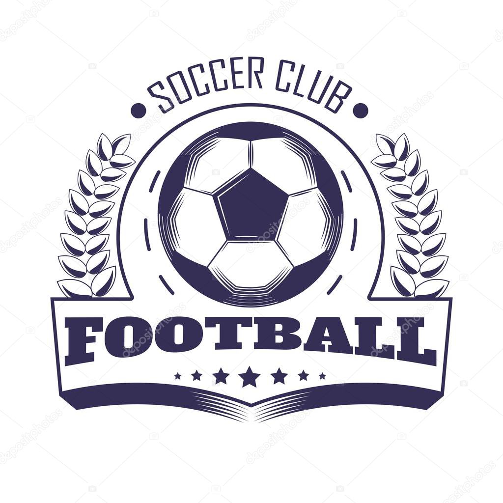 Soccer club or football team league logo template. Vector line symbol of soccer ball in champion victory laurel, ribbon and stars. Heraldic emblem for football championship or cup sport tournament