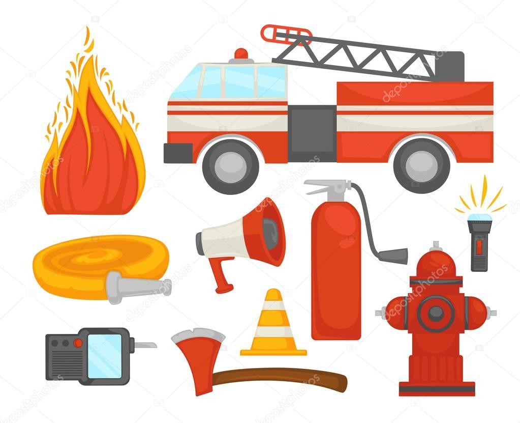 Fire protection and extinguishing equipment tools icons. Vector flat set of firefighter extinguisher, water hydrant hose and fire engine or siren and safety cone and flashlight for fire protection