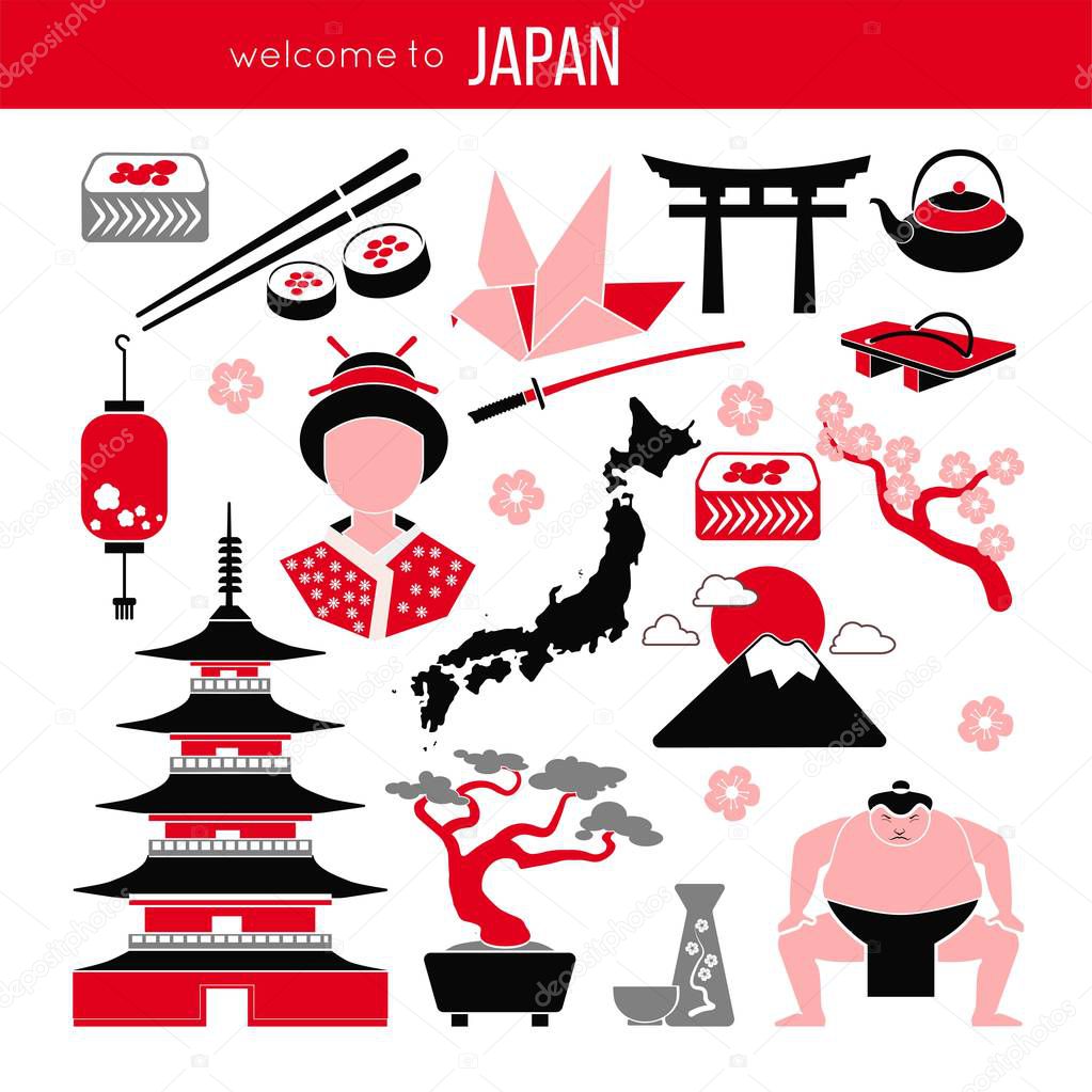 Set of Japan Tokyo, and East culture symbols. Collection icons Japanese pagoda and Fuji, geisha and sumo wresler, sakura, bonsai, tea and sushi, origami and fan. Asia vector illustrations.