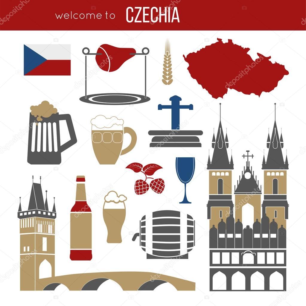 Czech Republic culture symbol set. Europe Travel Prague direction. Vector icons. Flat isolated illustration