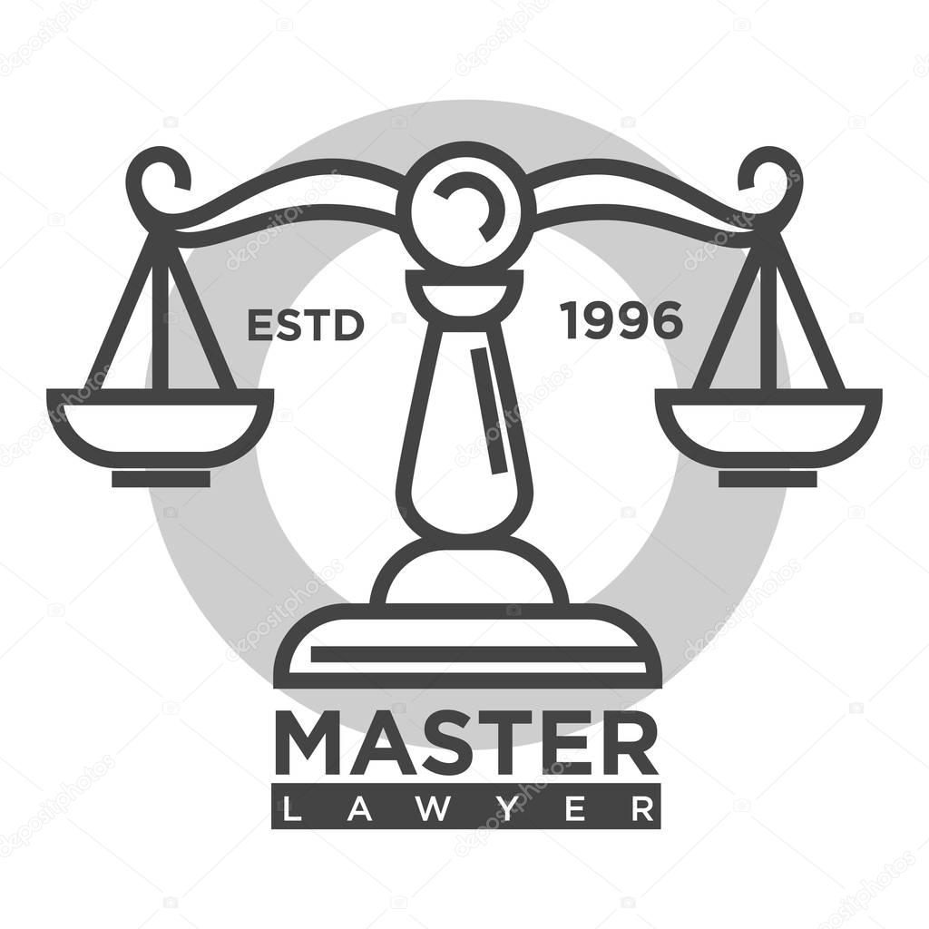 Master lawyer agency established in 1996 monochrome promotional logotype with vintage scales isolated cartoon flat vector illustration on white background. Advocate service advertisement emblem.