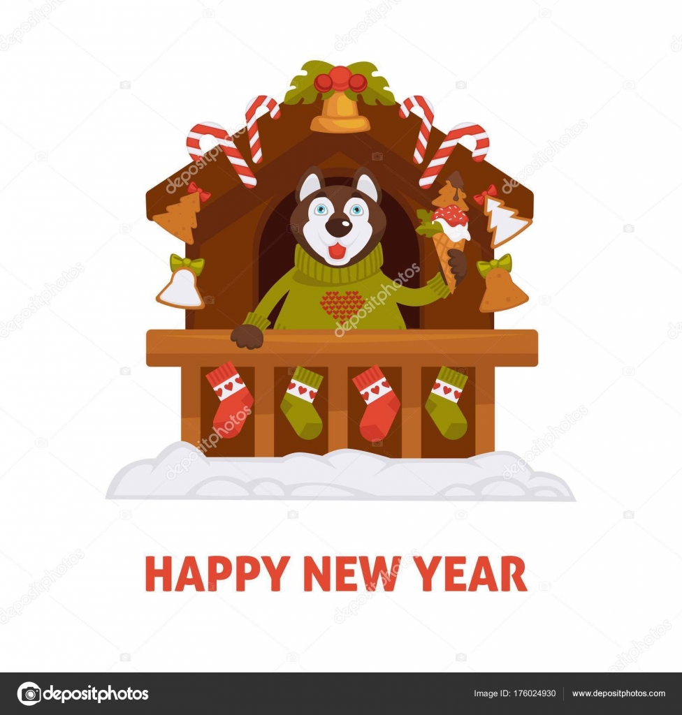 Felice nuovo anno 2018 del cane del fumetto che celebra le festivit  nel modello di disegno di cartolina d auguri di Santa casa Personaggio buffo cane con