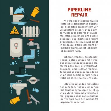 Piperline onarım posteri ile sıhhi teknik, kırık boruların, araçlar için tamirata, Beyaz su ısıtıcı, modern radyatör ve lastik eldiven vektör çizimler ve örnek metin.