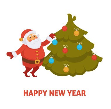 Mutlu yeni yıl karikatür Noel dekorasyon Noel ağacı Noel Dekorasyon Süsleme ile. Kış tatil tebrik kartı tasarımı için kutluyor mutlu Santa karakteri