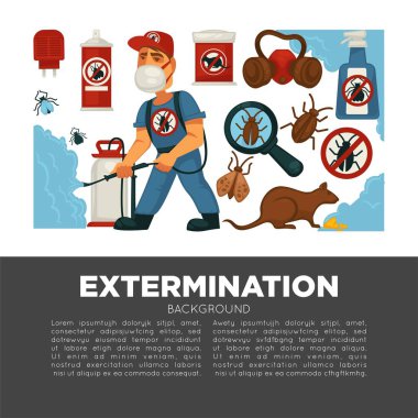 İmha veya haşere kontrol Servisi ve sıhhi yerli dezenfeksiyon vektör düz Tasarım poster. Dezenfeksiyon adam fare sıçanlar, hamamböcekleri ve mite böcekler karşı dezenfektan sıvı veya gaz sprey ile