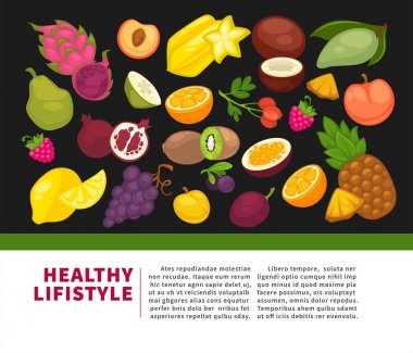 Sağlıklı yiyecek ve çiftlik çilek organik meyve posteri. Vektör kiraz, elma ve mango veya ananas, doğal armut, üzüm ve tropikal guava ya da muz ve karpuz, kavun veya egzotik avokado ve papaya