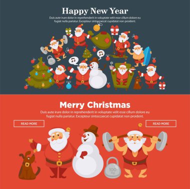 Mutlu yeni yıl ya da mutlu Noeller web afiş tasarım şablonu ile komik karikatür Noel Baba ve kardan adam veya köpek. Xmas ağacı süsle kış tatil kutlaması için süsler