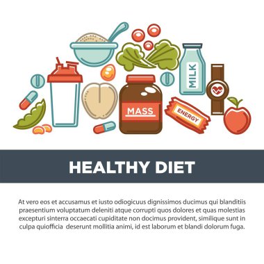 Spor beslenme ve fitness spor salonu diyet takviyeleri poster. Vektör protein shake içki Mikser, enerji kalori karbonhidrat bar ve yağ kilo kaybı ya da vitamin hapları