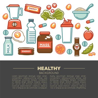Fitness gıda Spor sağlıklı diyet gıda beslenme poster poster. Vektör düz tasarımı protein içki, doğal sebze veya meyve, spor salonu enerji bar ve kitle veya kilo kaybı hapları ve diyet takviyeleri