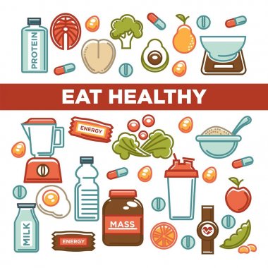 Fitness gıda Spor sağlıklı diyet gıda beslenme poster poster. Vektör düz tasarımı protein içki, doğal sebze veya meyve, spor salonu enerji bar ve kitle veya kilo kaybı hapları ve diyet takviyeleri