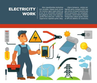 Profesyonel elektrikçi alet, güneş pili, Rüzgar jeneratörleri, adamla posteri Hizmetleri ile duman, yeni güç yuva, parlak ampul ve kompakt Voltmetre vektör çizim bitki.