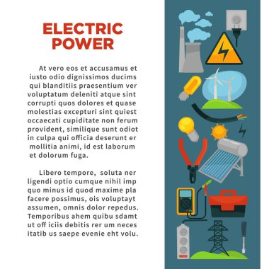 Elektrik enerjisi elde kullanım promosyon posteri ve örnek metin, bitki boru, Rüzgar jeneratörleri, basit ve ekonomik ampul, güneş pili, büyük araç kutusu ve uzun kule vektör çizimler.