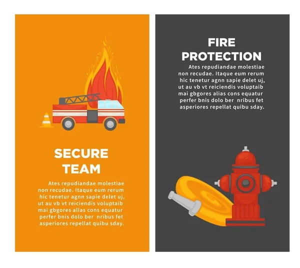 Φωτιά Αφίσες Ασφαλής Ομάδα Προστασίας Πυροσβεστικά Εργαλεία Εξοπλισμού Πυρόσβεσης Διάνυσμα — Διανυσματικό Αρχείο