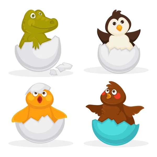 Baby Animals Hatch Eggs Cartoon Pets Hatching Vector Flat Isolated — Stock Vector