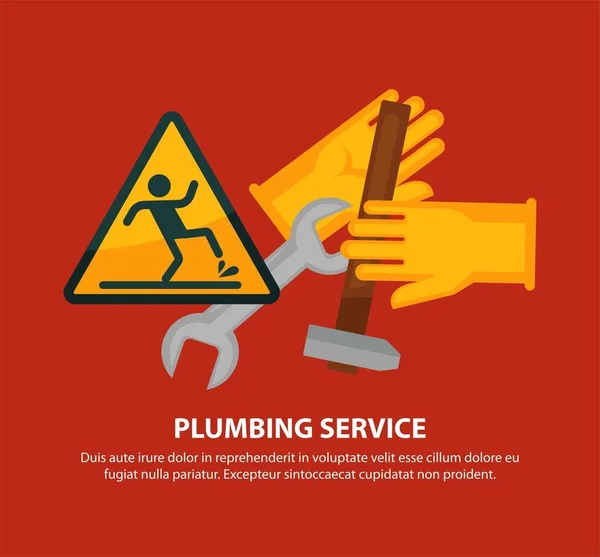 Υδραυλικοί Υπηρεσίας Διαφημιστική Αφίσα Σφυρί Μεταλλικό Κλειδί Ξύλινη Λαβή Λαστιχένια — Διανυσματικό Αρχείο