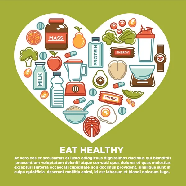 Fitness Alimentación Saludable Cartel Del Corazón Dieta Deportiva Nutrición Alimentaria — Vector de stock