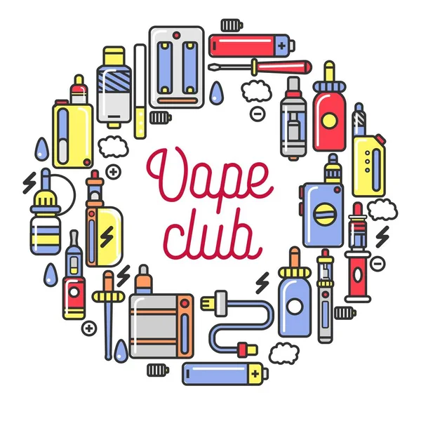 Вейп Клуб Рекламний Логотип Сучасними Пристроями Куріння Колі Потужними Батареями — стоковий вектор