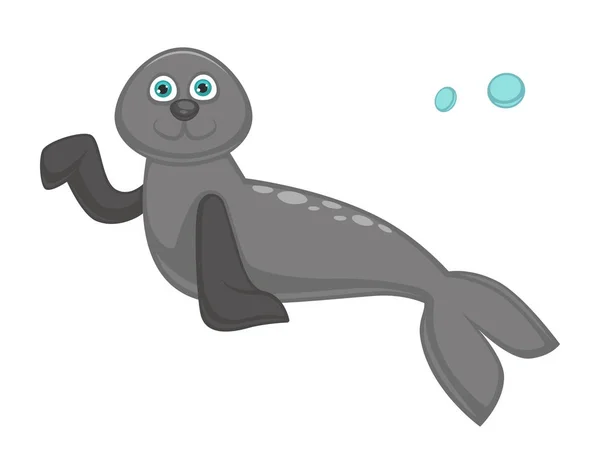 蓝色大眼睛的海豹 大尾巴和光滑的灰色皮肤隔离卡通平面矢量插图白色背景 可爱的小动物 上面的气泡生活在附近的海 — 图库矢量图片