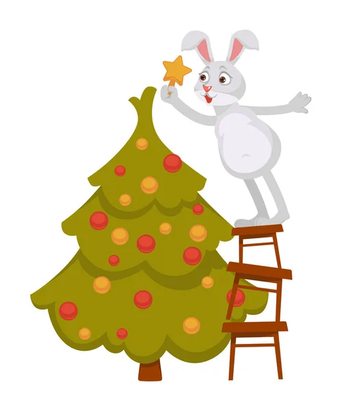 Funny Bunny Versiert Kerstboom Staat Piramide Van Ontlasting Dier Hangt — Stockvector