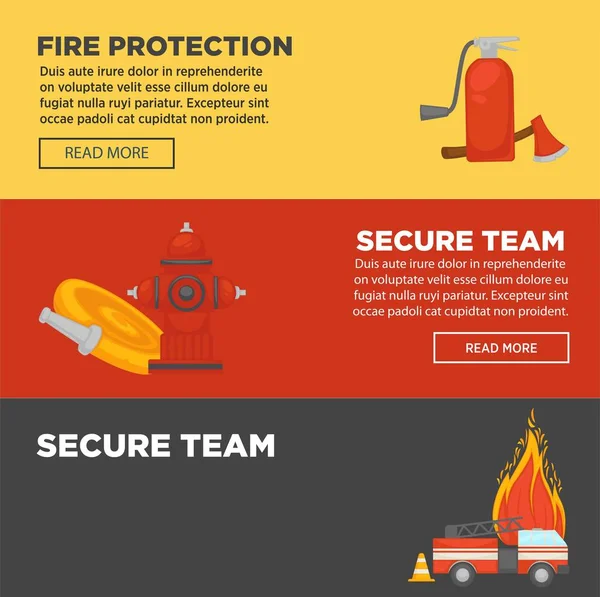 Πυροπροστασία Και Πυροσβέστης Ομάδα Φωτιά Ασφαλή Προστασία Web Banners Επίπεδη — Διανυσματικό Αρχείο