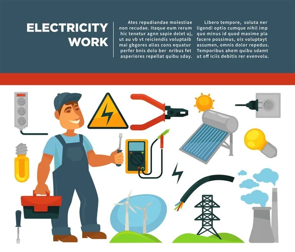 Services Professionnels Électricien Affiche Promotionnelle Avec Homme Avec Boîte Outils — Image vectorielle