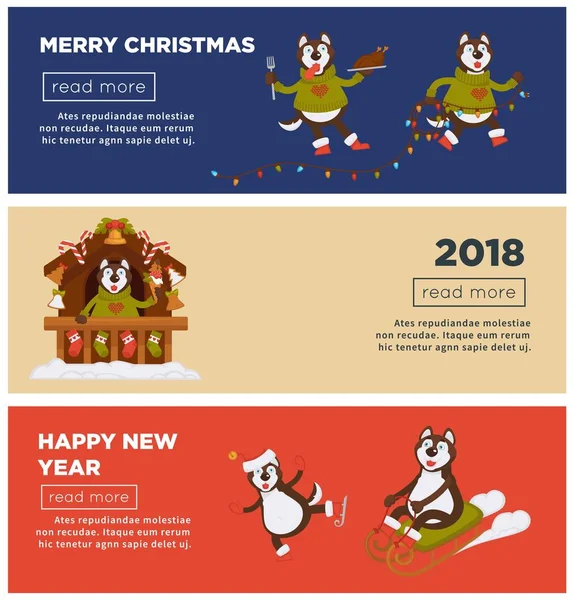 Feliz Natal Feliz Ano Novo 2018 Cão Desenho Animado Saudação — Vetor de Stock