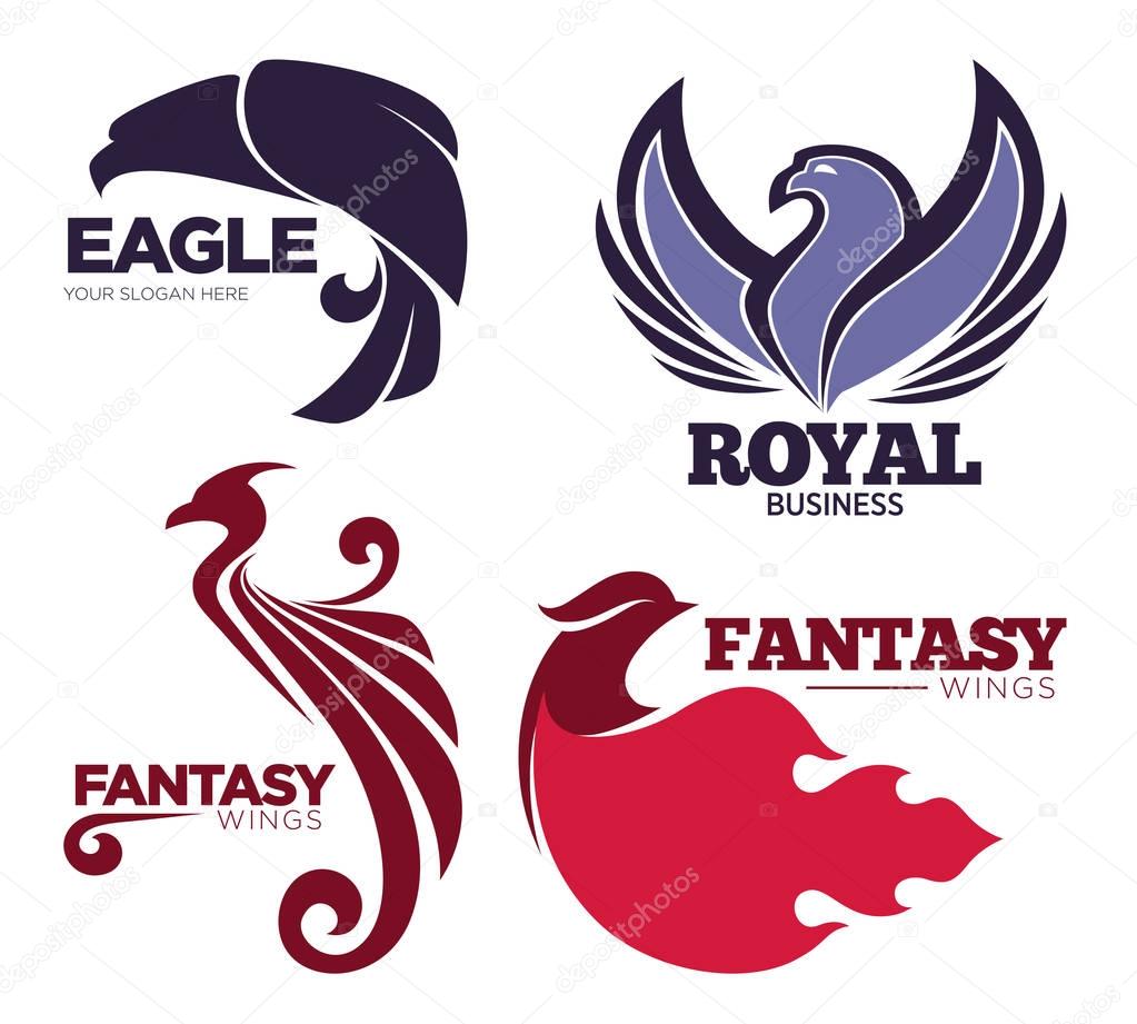 Phoenix bird or fantasy eagle logo templates set for security or innovation company. Vector isolated icons of mythic firebird spread wings symbol, flame fire phoenix for airline or tattoo design