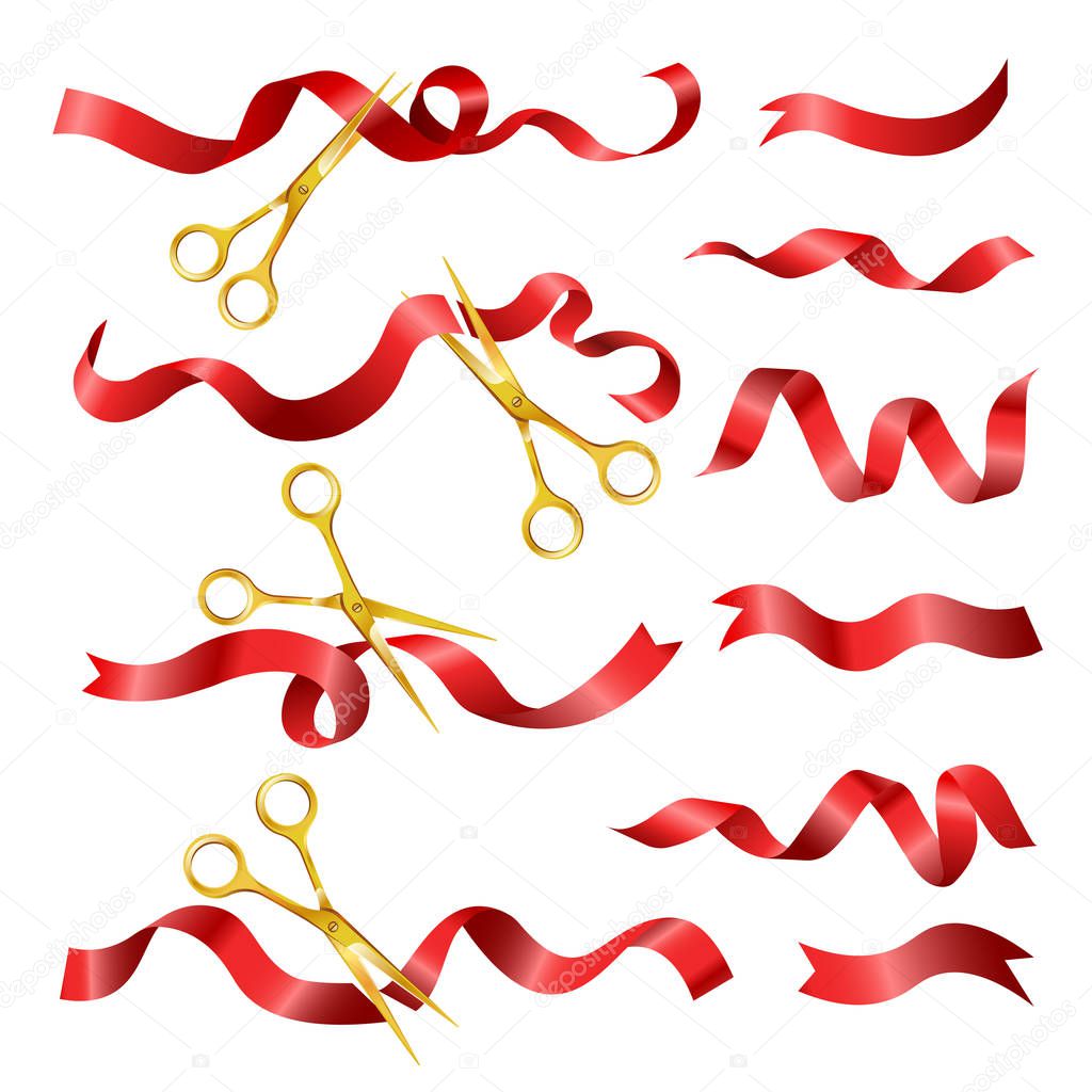 Scissors cutting red ribbon symbol for opening ceremony event. Vector isolated golden scissors and red ribbon 3D icon for open ceremonial celebration design element