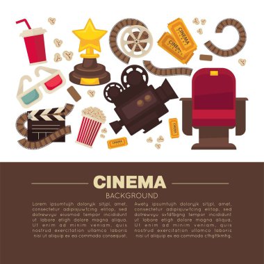 Sinema reklam banner sembolik sinematografik ekipman, Altın Ödülü ve daire izole karikatür düz vektör çizim içinde seans için aperatif.