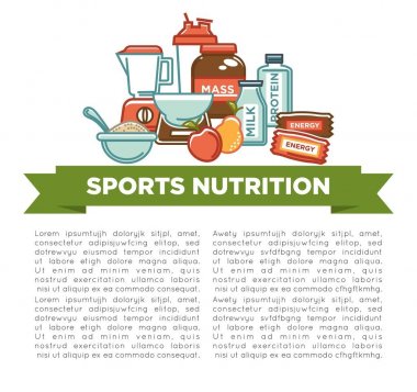 Spor beslenme ve fitness spor salonu diyet takviyeleri poster. Vektör protein shake içki Mikser, enerji kalori karbonhidrat bar ve yağ kilo kaybı ya da vitamin hapları
