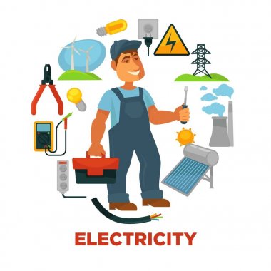 Elektrikçi elektrik kaynakları ve araçları ile çevrili toolkit ile. Rüzgar jeneratörleri, parlak Ampüller, uzun boylu Kulesi, bitki boru, güneş pili, küçük voltmetre ve güç yuva çizimler vektör.