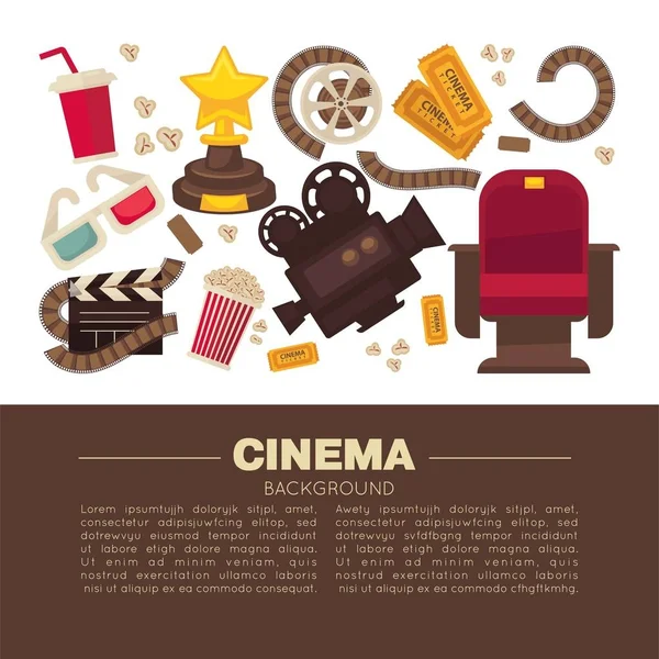 Sinema reklam banner sembolik sinematografik ekipman, Altın Ödülü ve daire izole karikatür düz vektör çizim içinde seans için aperatif.