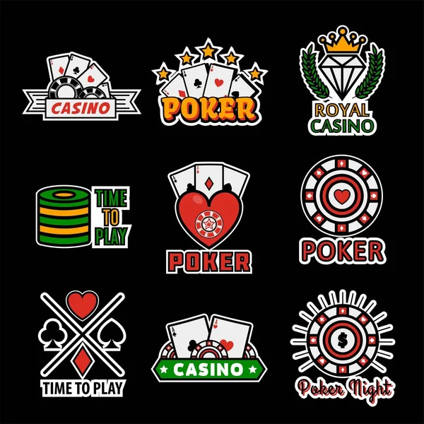 カジノ ポーカーのロゴのテンプレート ベクトルは ギャンブルのサイコロ チップ トランプ ロイヤル クラウン ルーレット またはフォーチュンとジャック — ストックベクタ
