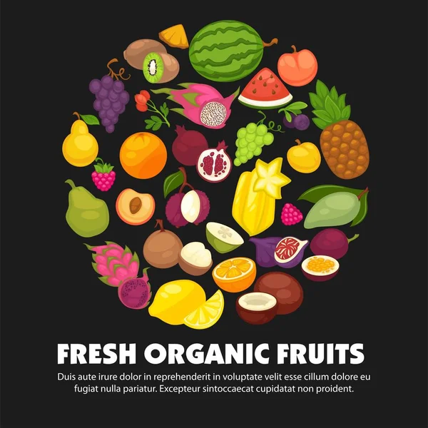 Organic Fruits Berries Harvest Poster Fresh Apple Mango Pineapple Natural — Stock Vector