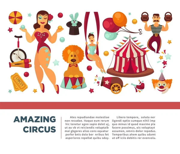 Increíble cartel promocional de circo con los participantes del espectáculo y el equipo . — Vector de stock