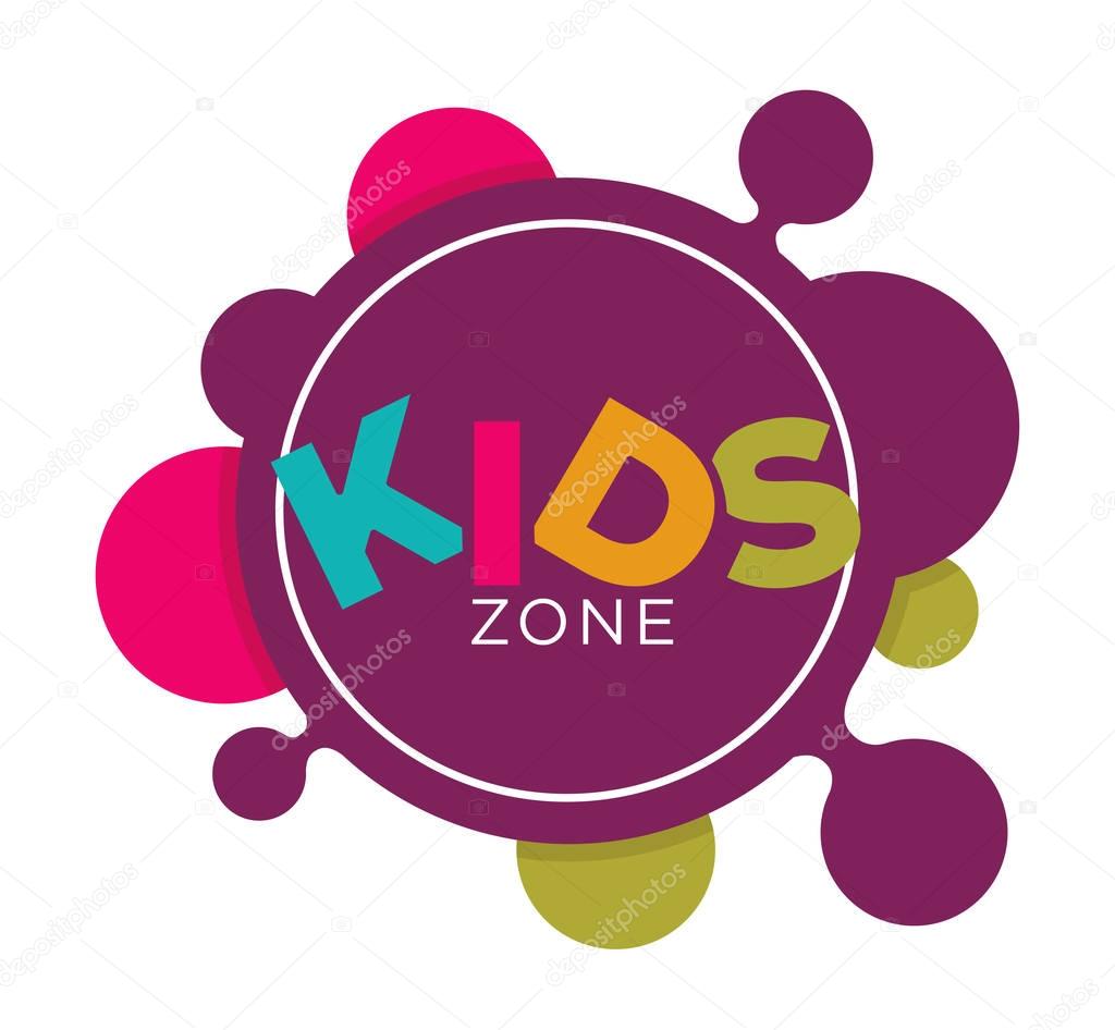 Kids zone logo template of child palm hands and speech bubble with color letters. Vector icon for kindergarten or children playground and education school classroom or family entertainment place
