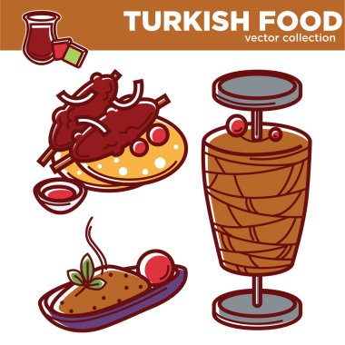 Besleyici yemekler yemek vektör koleksiyonu. Pide ile kemik, kıyılmış tavuk şiş shawarma ve baharat karikatür düz vektör çizimler set ile sıcak pirinç lezzetli karşılamak.