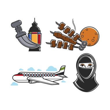 Birleşik Arap Emirlikleri geleneksel Ulusal sembolleri izole karikatür düz vektör çizimler set. Parlak fener, keskin bıçak, et şiş, yumuşak pide, büyük uçak ve hijab kadında.