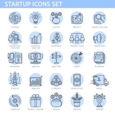 Başlangıç satırı simgeler vektör kümesi. Başlangıç iş proje kavramı para yatırım, dijital geliştirme, tüketici fikir fikir, kar gelir veya takımın başarı başarı için izole sembolleri