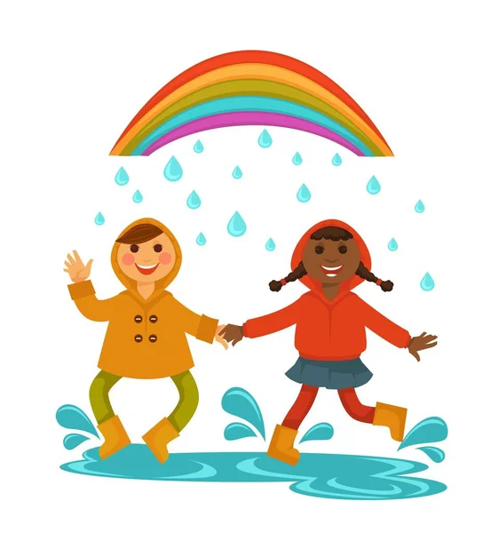 Tempo Pioggia Bambini Felici Sotto Arcobaleno Gocce Pioggia Ragazzo Ragazza — Vettoriale Stock