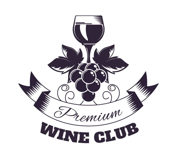 Premium Wine Club Isolato Emblema Monocromatico Con Pieno Vetro Lucido — Vettoriale Stock