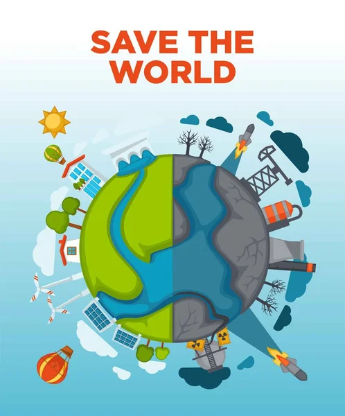 Dünya Ajitasyon Poster Dünya Ile Güneş Bataryaları Rüzgar Jeneratörleri Yarım — Stok Vektör