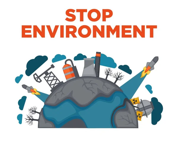 停止地球环境工业污染和绿色生态行星保护矢量海报 拯救地球生态保护自然免受工业概念 — 图库矢量图片